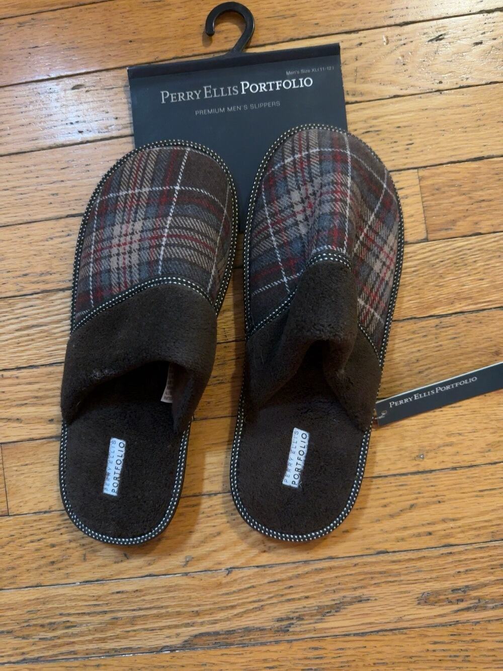 Perry Ellis Portfolio Mens XL 11-12 Plaid Open Toe Slipper Brown Memory Foam NWT